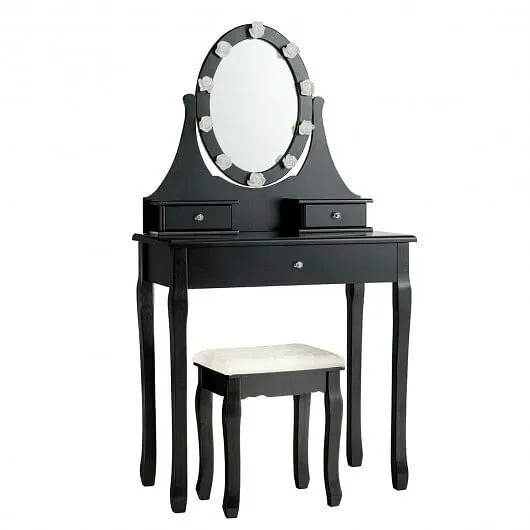 3 Drawers Lighted Mirror Vanity Dressing Table Stool Set-Black - Color: Black