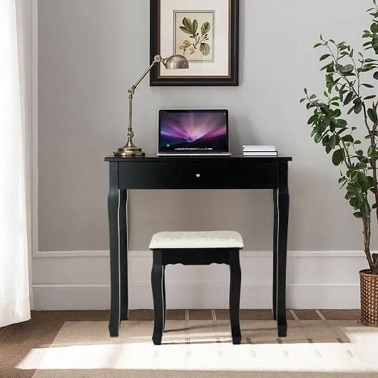 3 Drawers Lighted Mirror Vanity Dressing Table Stool Set-Black - Color: Black