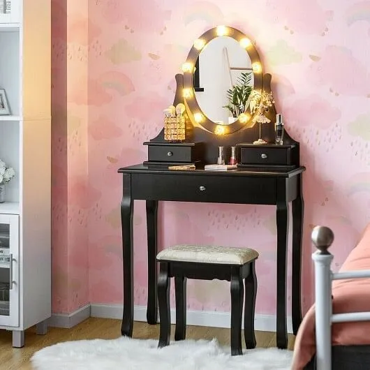3 Drawers Lighted Mirror Vanity Dressing Table Stool Set-Black - Color: Black