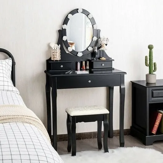 3 Drawers Lighted Mirror Vanity Dressing Table Stool Set-Black - Color: Black