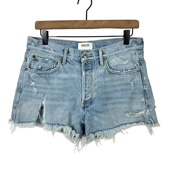 AGOLDE | Parker Cut Off High Rise Button Fly Distressed Light Wash Denim Shorts