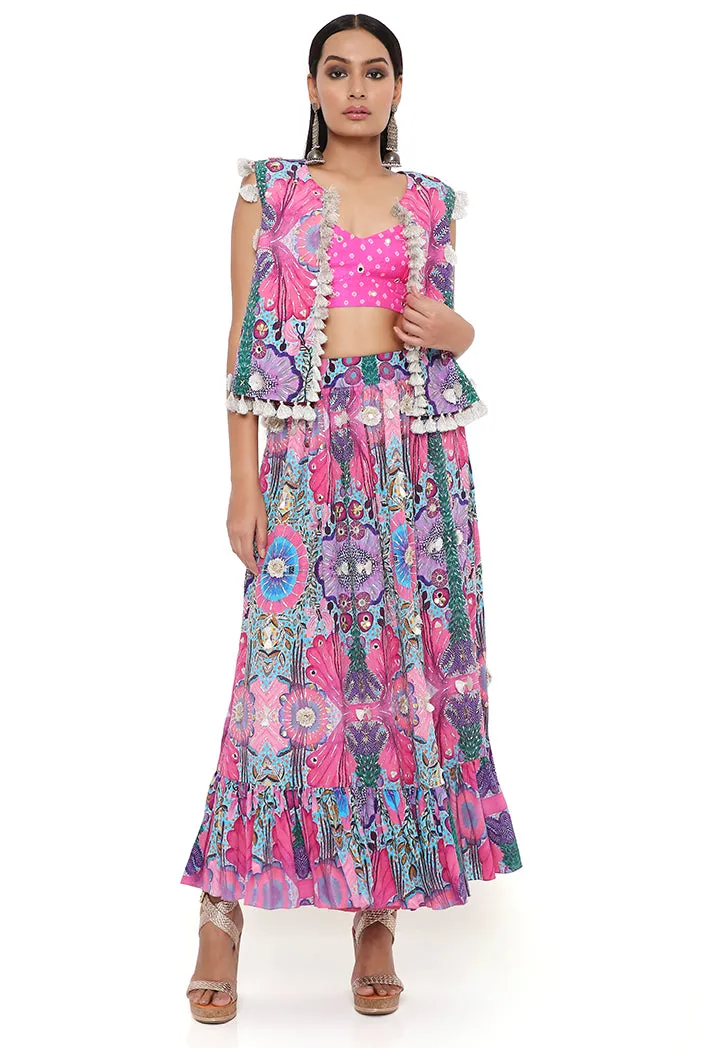 AMALIE PINK BANDHANI SILK EMBROIDERED BUSTIER WITH PRINTED CREPE EMBROIDERED JACKET AND SKIRT