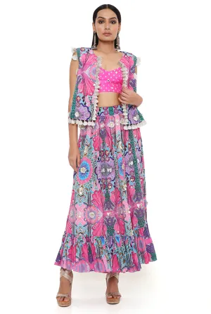 AMALIE PINK BANDHANI SILK EMBROIDERED BUSTIER WITH PRINTED CREPE EMBROIDERED JACKET AND SKIRT