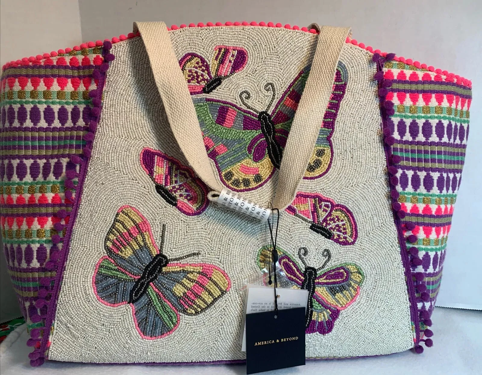 America & Beyond Rosebloom Butterfly Beaded Zip Tote Bag Handbag Pink Cream NEW