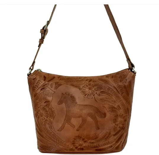 American West Handbag Hitchin' Post Collection: Leather Zip Top Tooled Tote