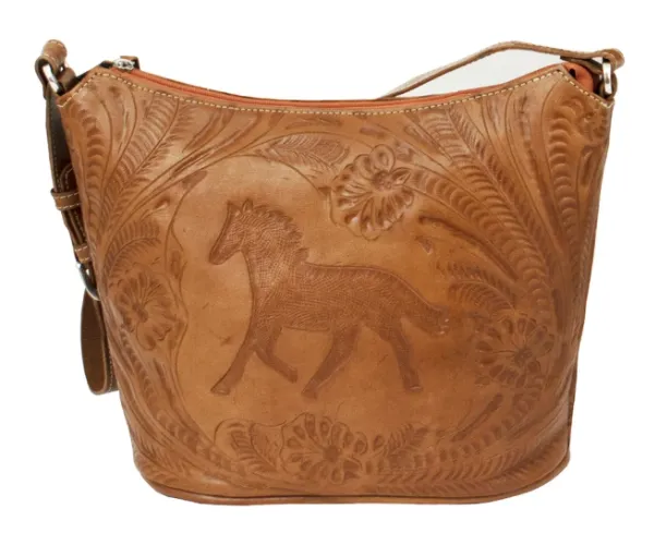American West Handbag Hitchin' Post Collection: Leather Zip Top Tooled Tote