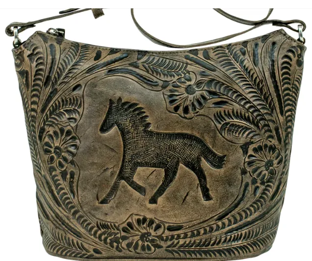 American West Handbag Hitchin' Post Collection: Leather Zip Top Tooled Tote