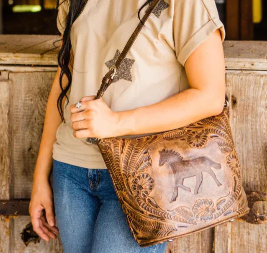 American West Handbag Hitchin' Post Collection: Leather Zip Top Tooled Tote