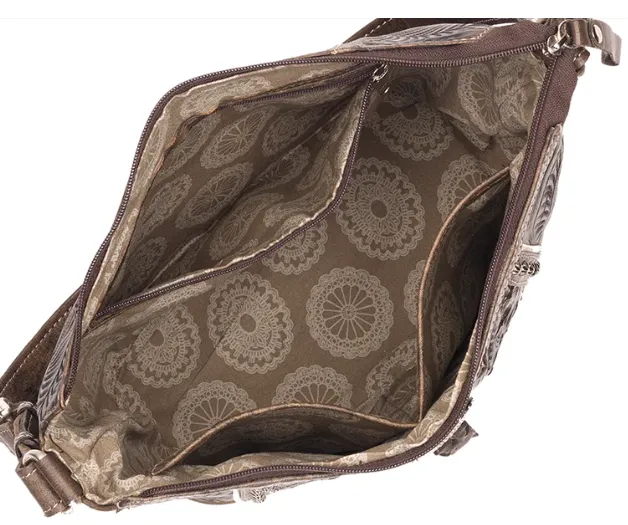 American West Handbag Hitchin' Post Collection: Leather Zip Top Tooled Tote