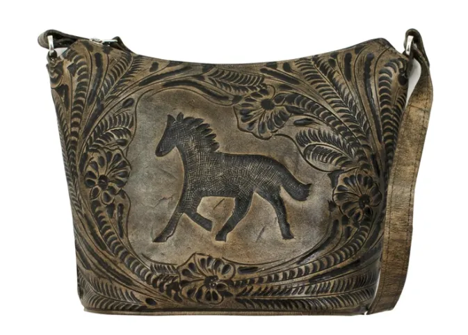 American West Handbag Hitchin' Post Collection: Leather Zip Top Tooled Tote