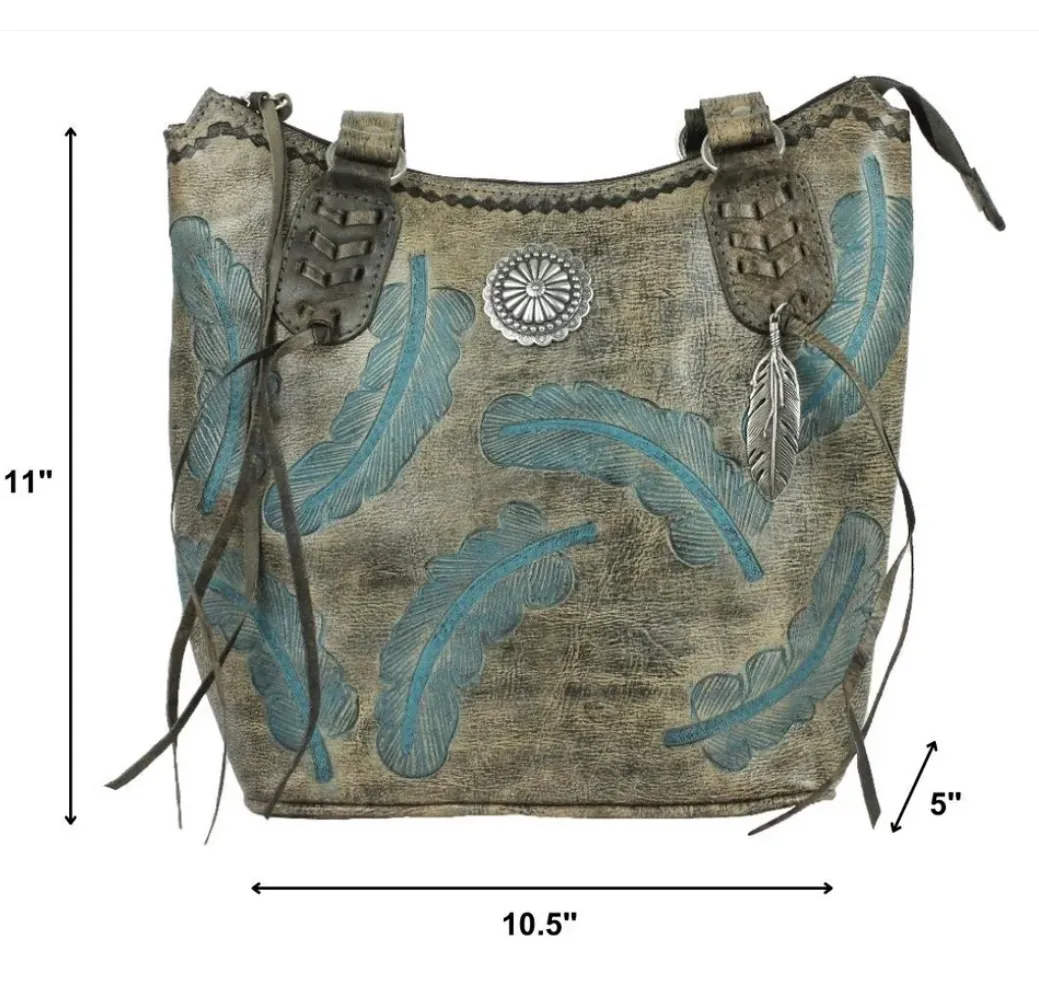 American West Handbag Sacred Bird Collection: Leather Zip Top Bucket Tote