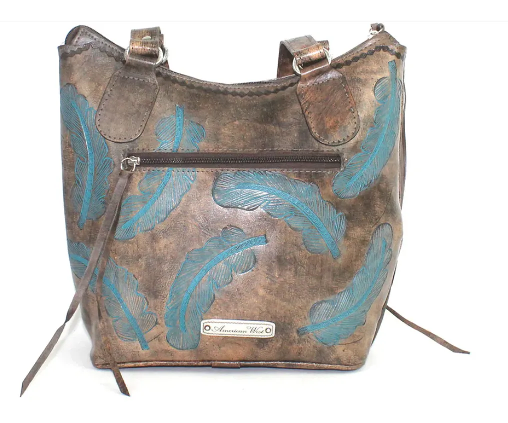 American West Handbag Sacred Bird Collection: Leather Zip Top Bucket Tote