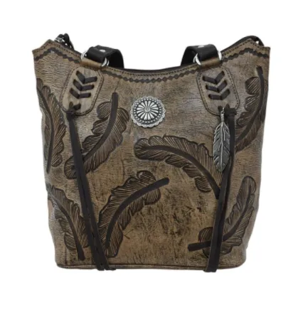American West Handbag Sacred Bird Collection: Leather Zip Top Bucket Tote