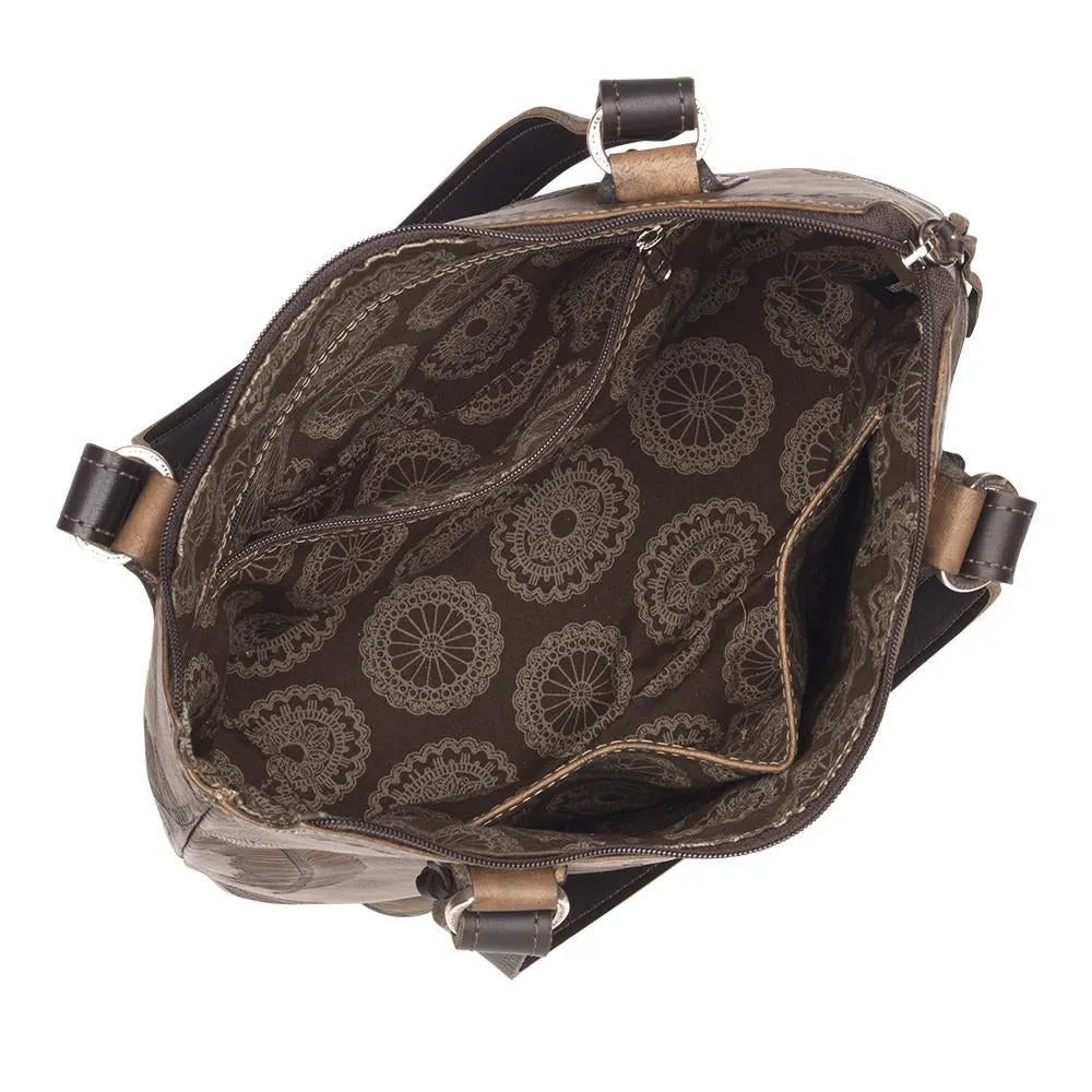 American West Handbag Sacred Bird Collection: Leather Zip Top Bucket Tote