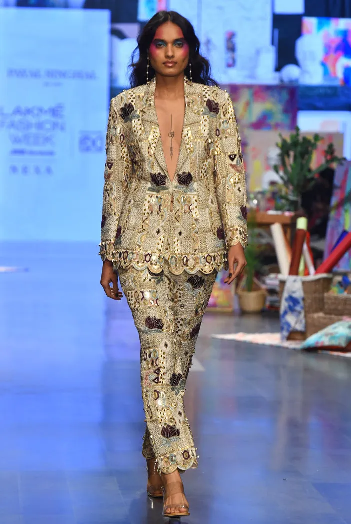 ANAKA OFF WHITE GEORGETTE LOTUS EMBROIDERED BLAZER AND PANTS