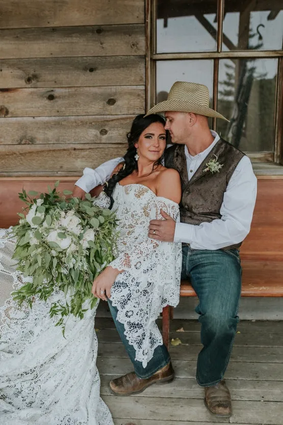 Anneprom Bohemian Mermaid Lace Wedding Dress, Off Shoulder Lace Wedding Dress, Long Bridal Dress APW0339