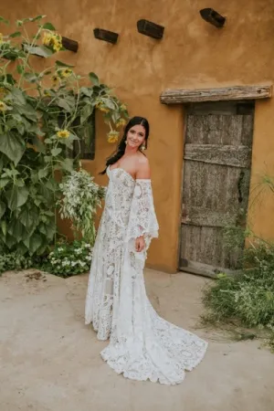 Anneprom Bohemian Mermaid Lace Wedding Dress, Off Shoulder Lace Wedding Dress, Long Bridal Dress APW0339