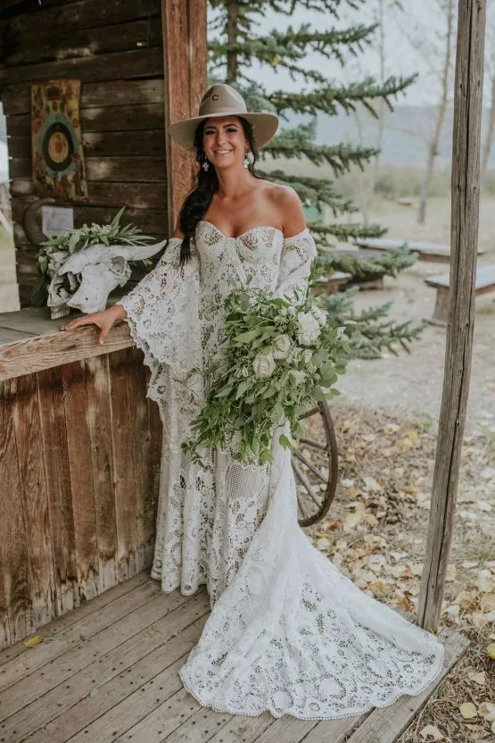 Anneprom Bohemian Mermaid Lace Wedding Dress, Off Shoulder Lace Wedding Dress, Long Bridal Dress APW0339