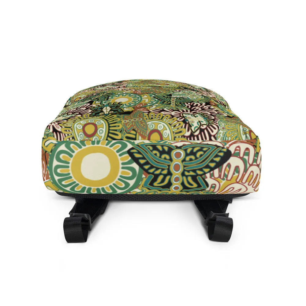 Backpack featuring a pattern of ancient Mexican butterfly and floral illustrations, black