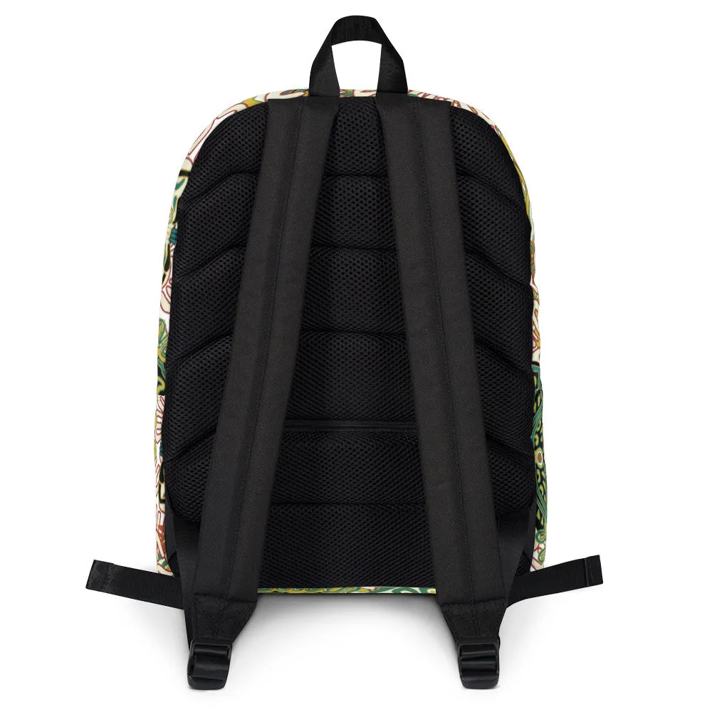 Backpack featuring a pattern of ancient Mexican butterfly and floral illustrations, black