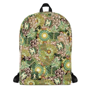 Backpack featuring a pattern of ancient Mexican butterfly and floral illustrations, black