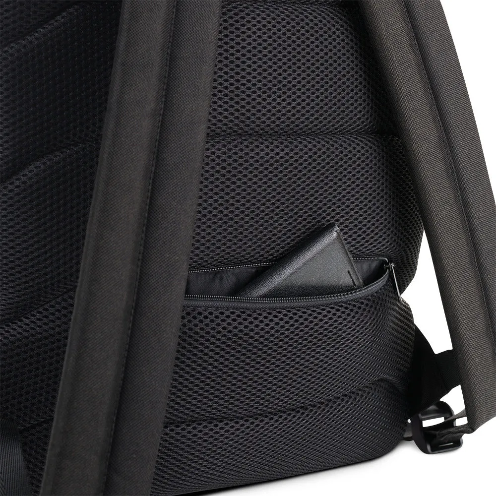 Backpack featuring a pattern of ancient Mexican butterfly and floral illustrations, black