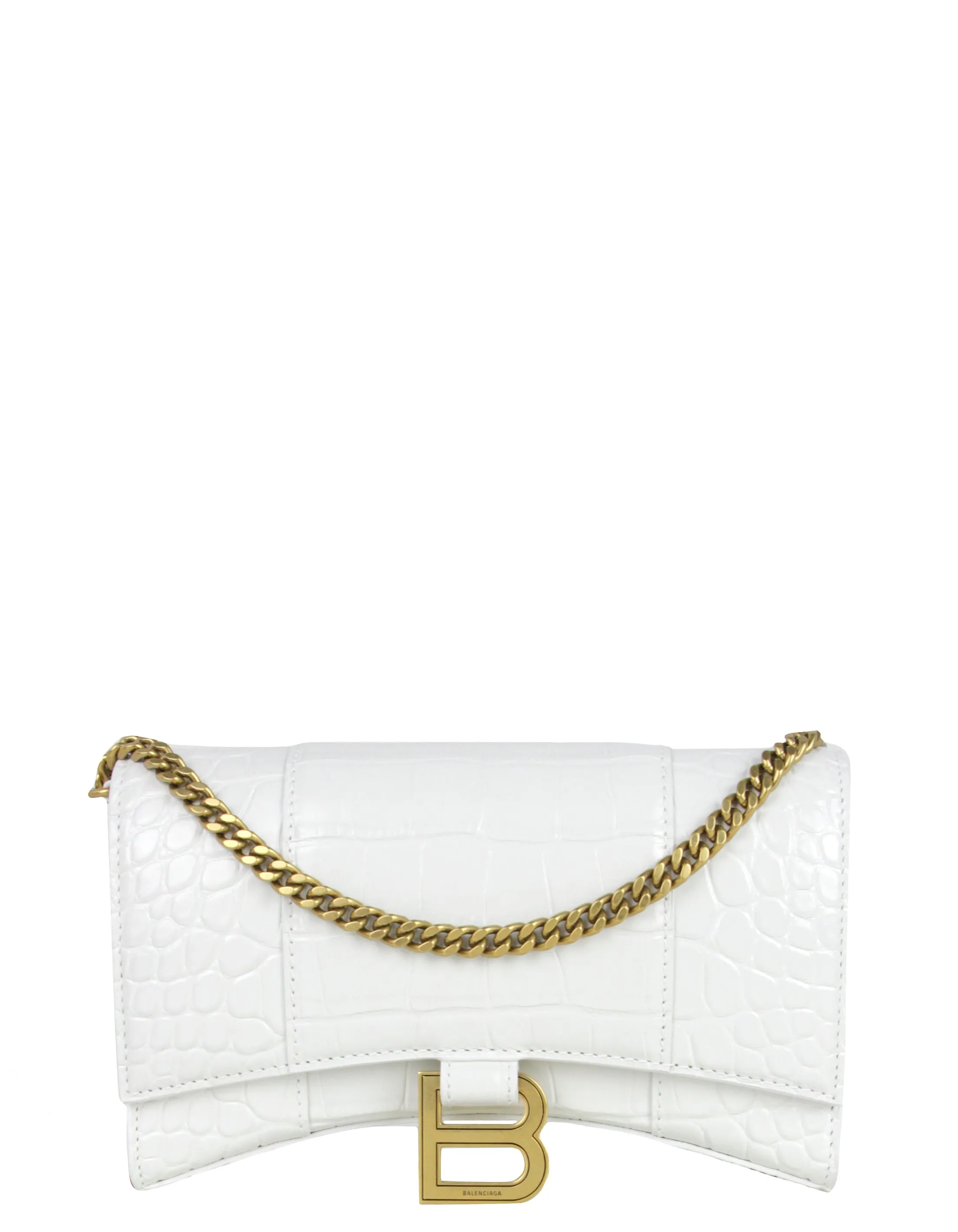 Balenciaga White Calfskin Crocodile Embossed Hourglass Chain Bag/Clutch