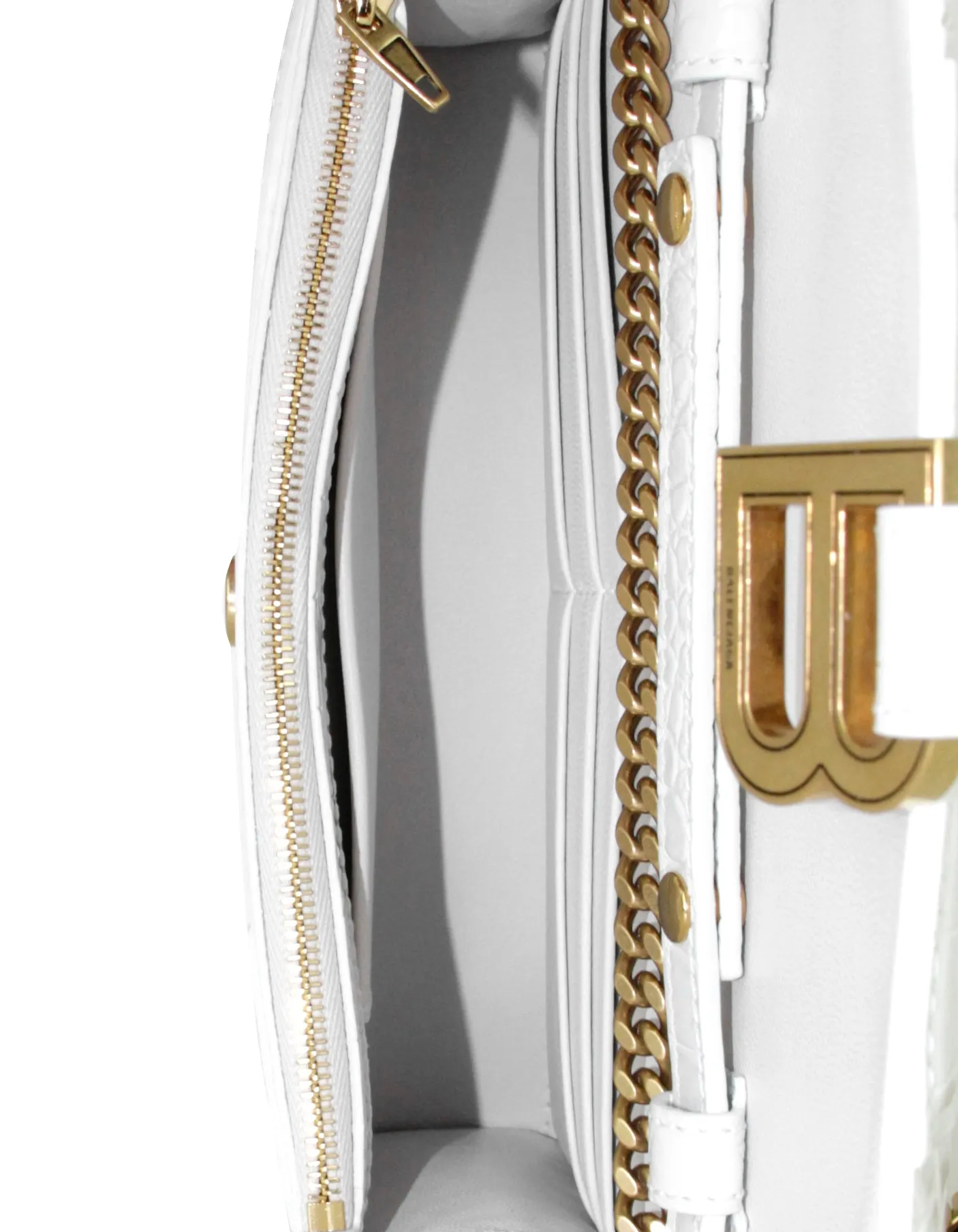 Balenciaga White Calfskin Crocodile Embossed Hourglass Chain Bag/Clutch