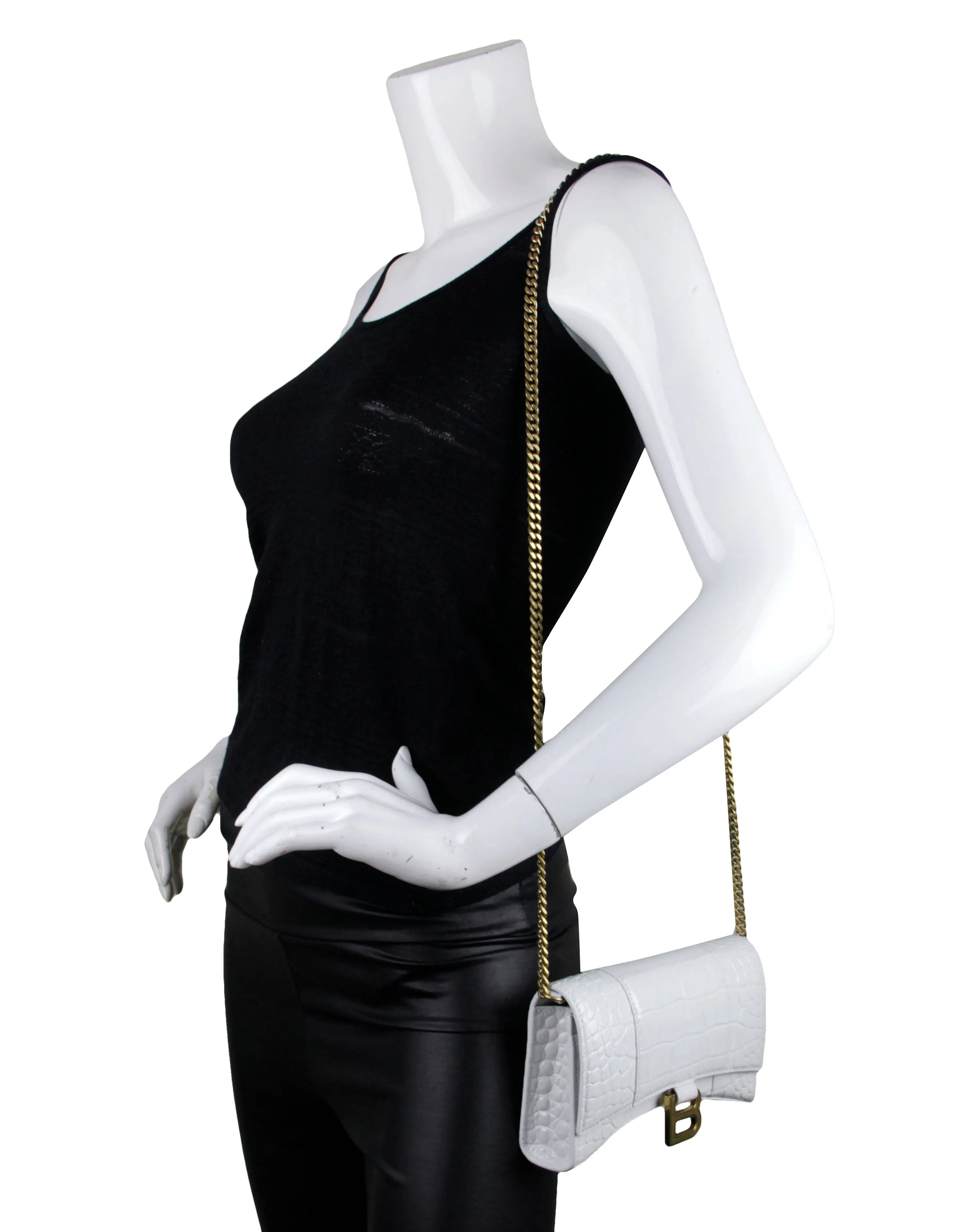 Balenciaga White Calfskin Crocodile Embossed Hourglass Chain Bag/Clutch