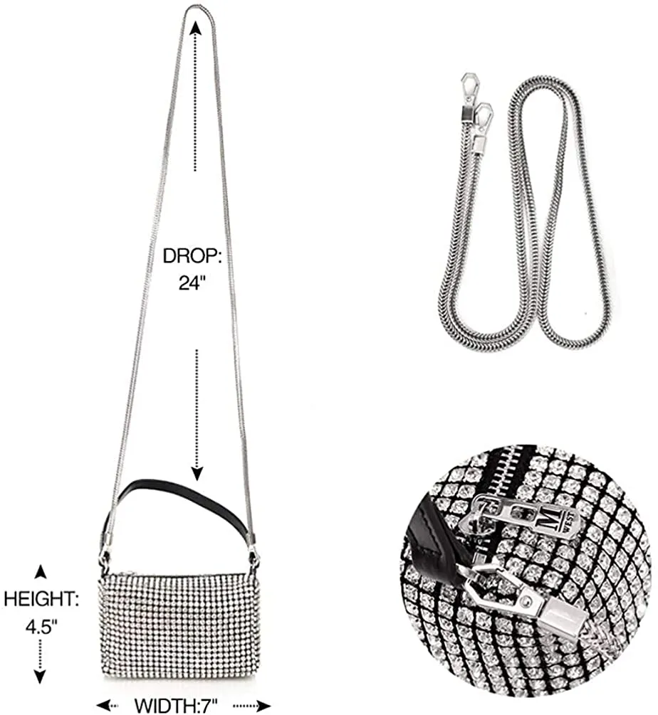 Barabum Crystal Rhinestone Crossbody Bags for Women Bling Purse Mini Top Handle Handbag Chain Mesh Clutch for Party