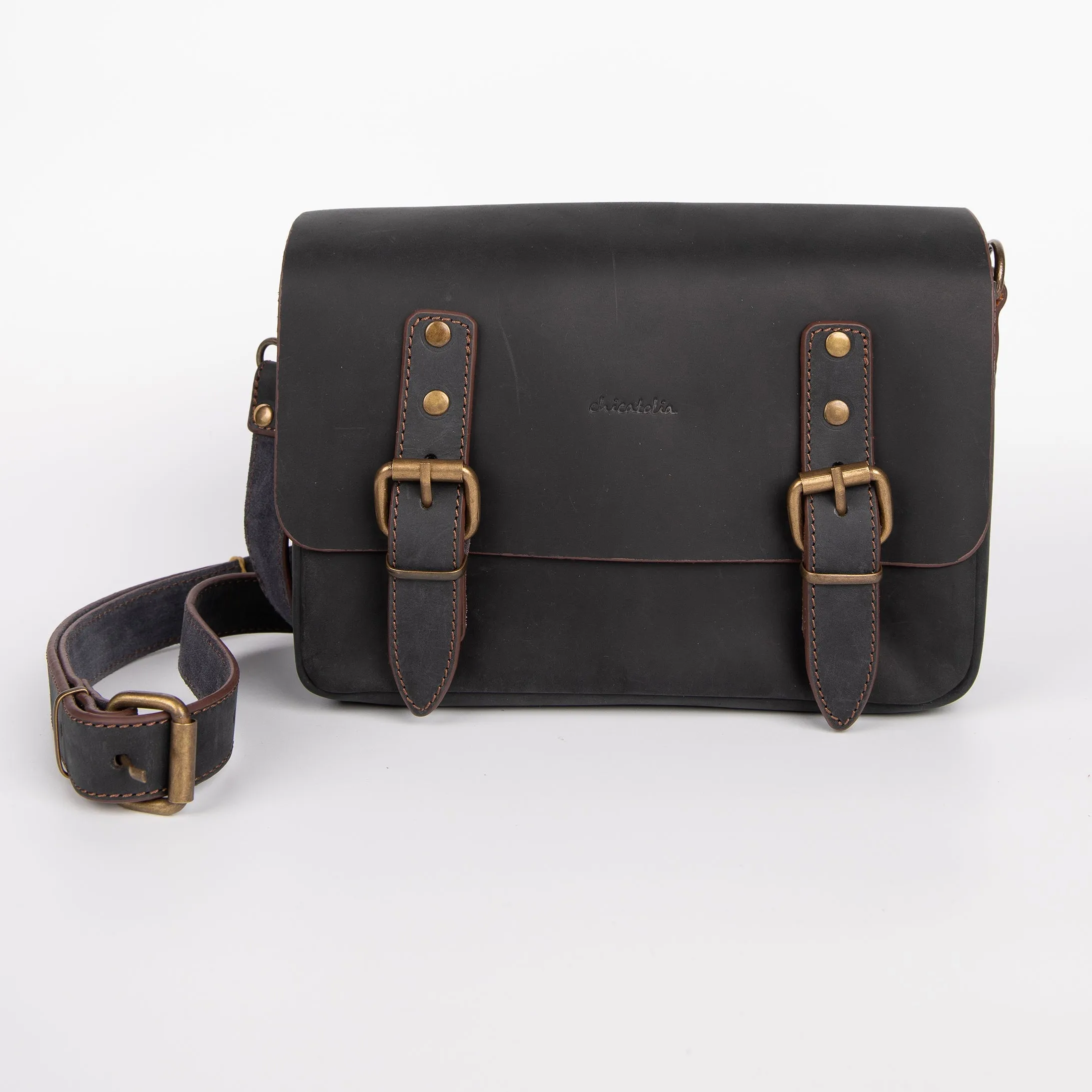 Belt Strap Crossbody Shoulder Bag, Crazy Horse Leather - Black