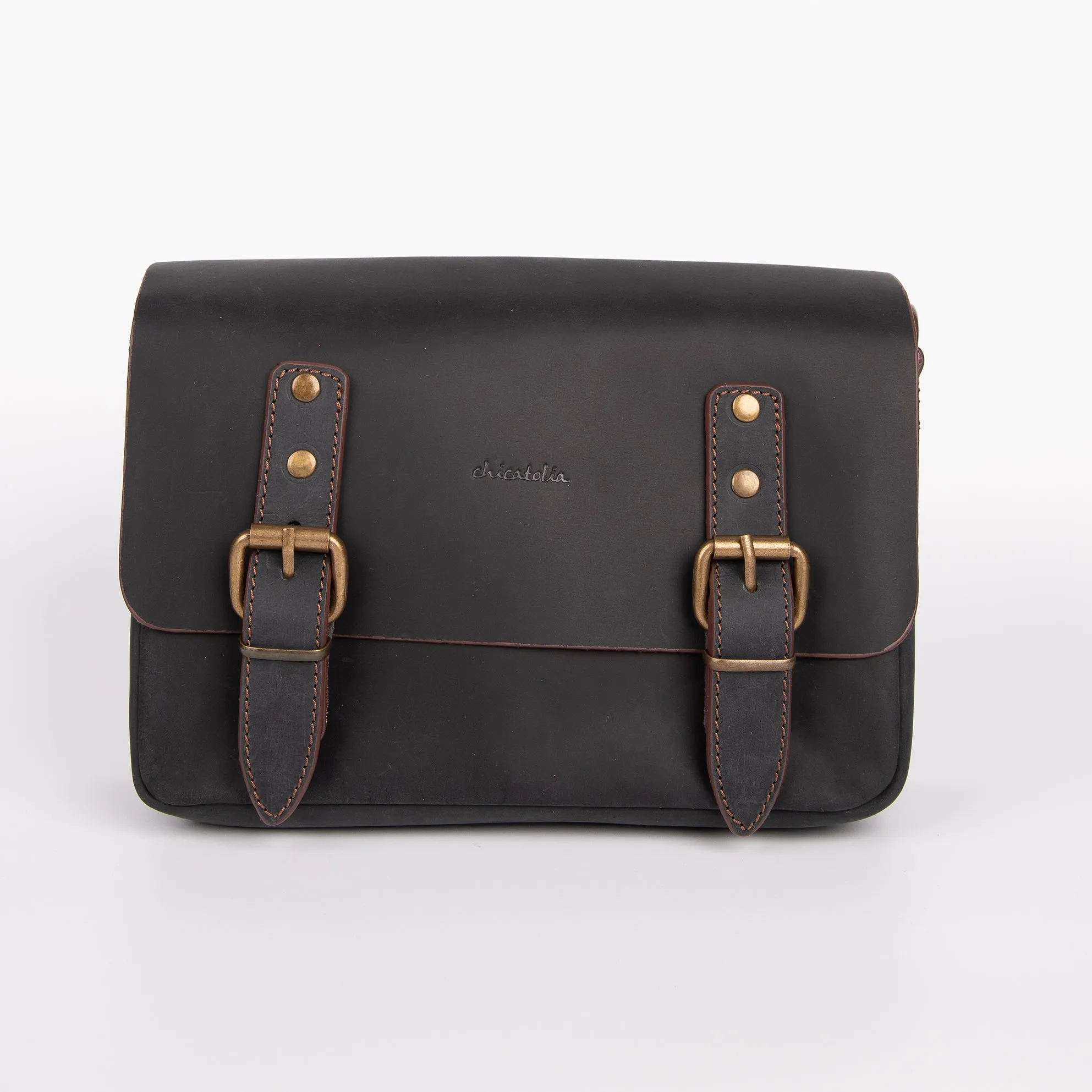 Belt Strap Crossbody Shoulder Bag, Crazy Horse Leather - Black