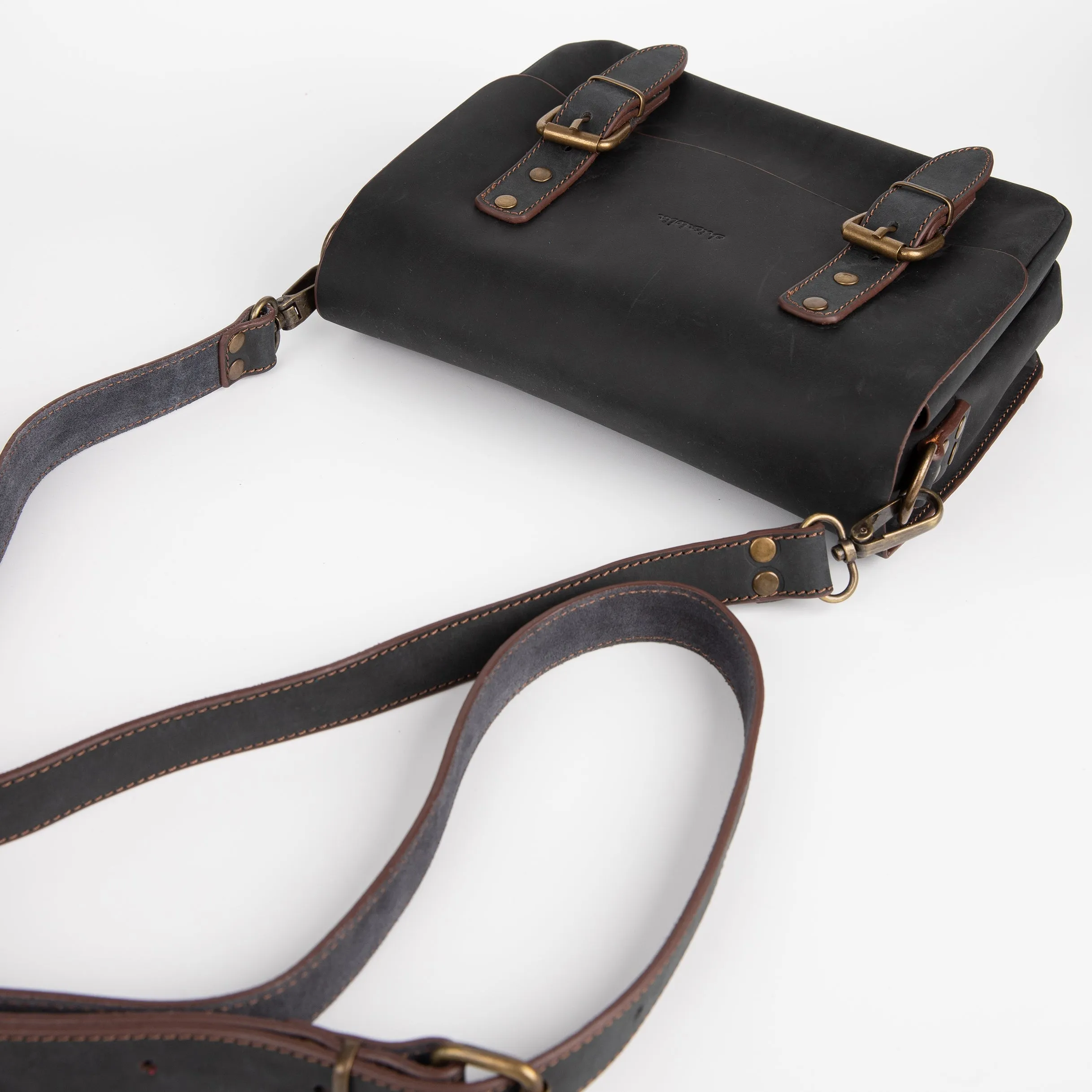 Belt Strap Crossbody Shoulder Bag, Crazy Horse Leather - Black