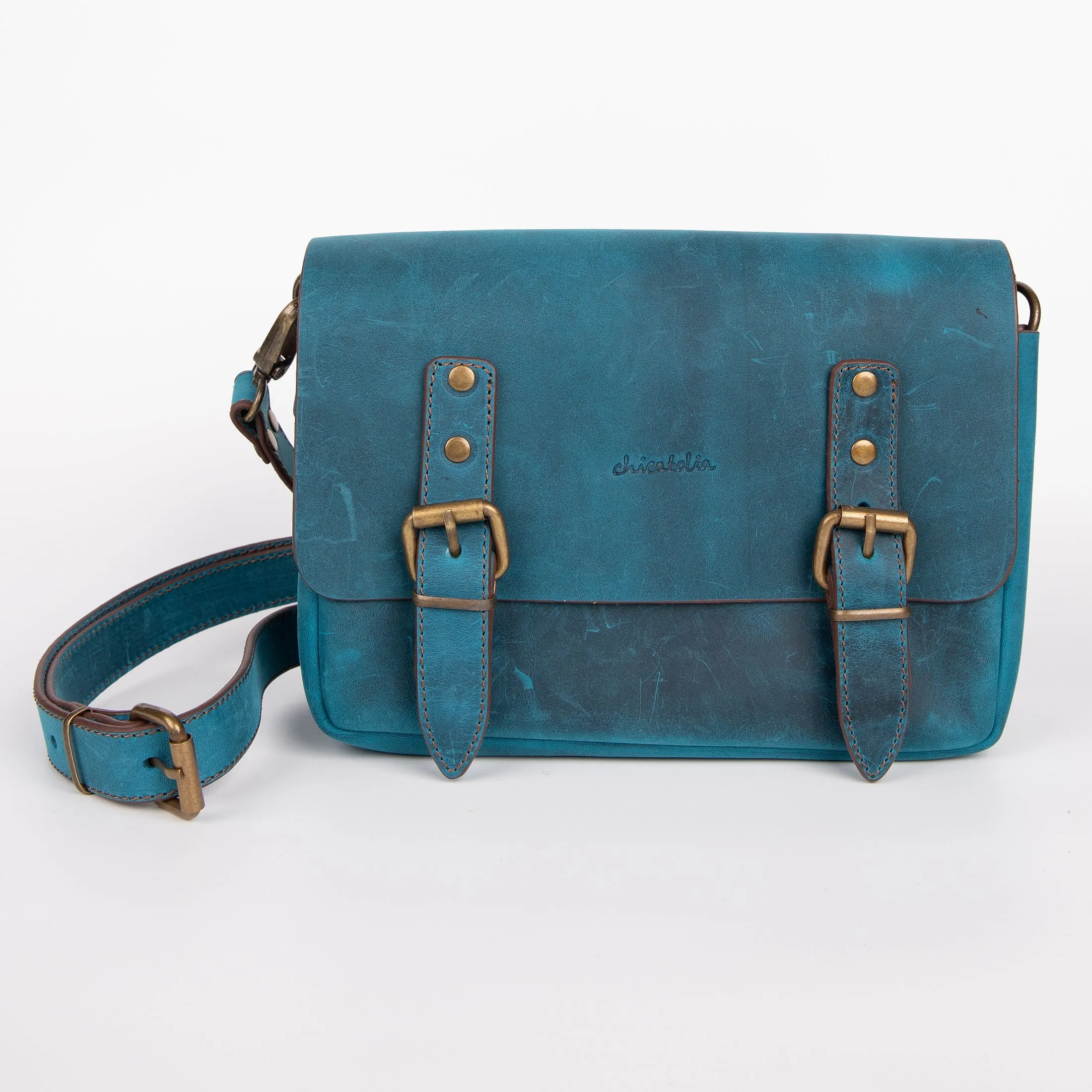 Belt Strap Crossbody Shoulder Bag, Crazy Horse Leather - Turquoise