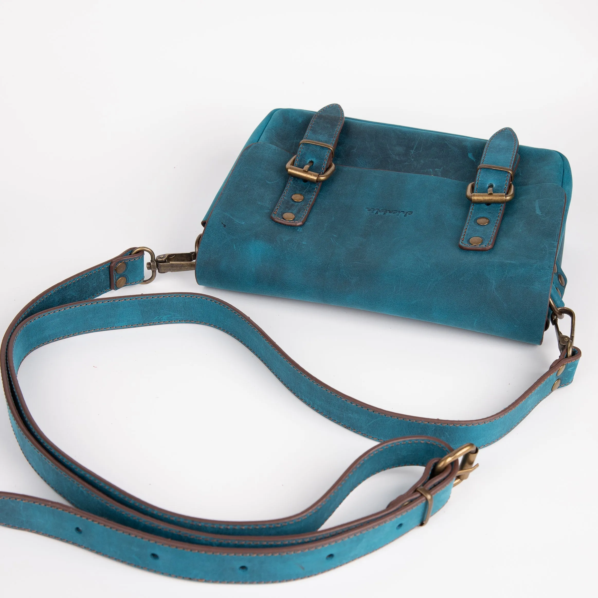 Belt Strap Crossbody Shoulder Bag, Crazy Horse Leather - Turquoise