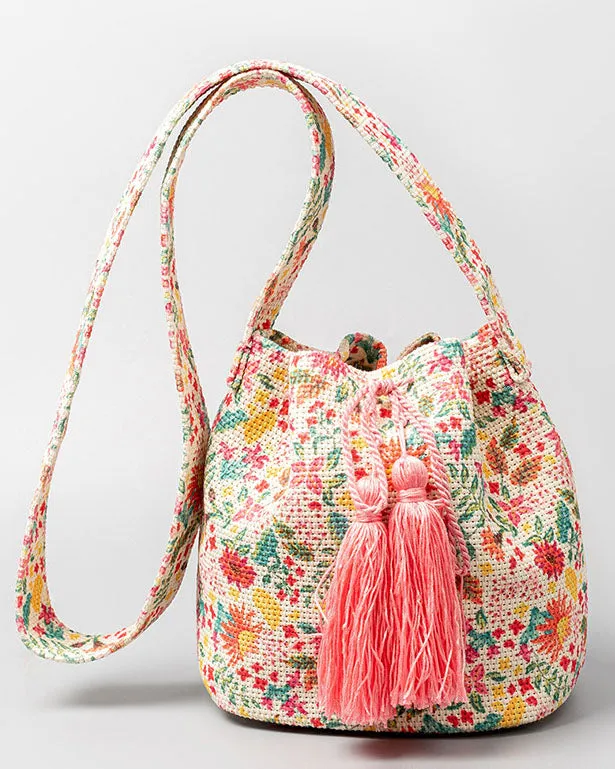 Bohemian printed fringed canvas bucket bag