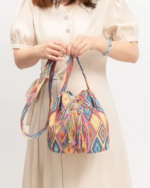 Bohemian printed fringed canvas bucket bag