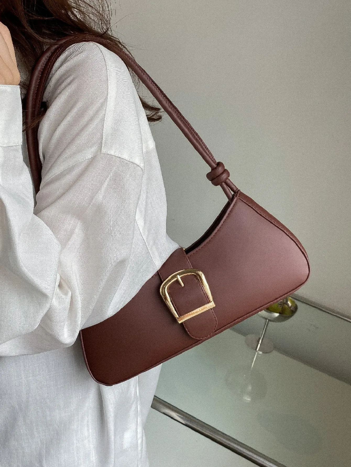 Buckle Decor Baguette Bag - Brown