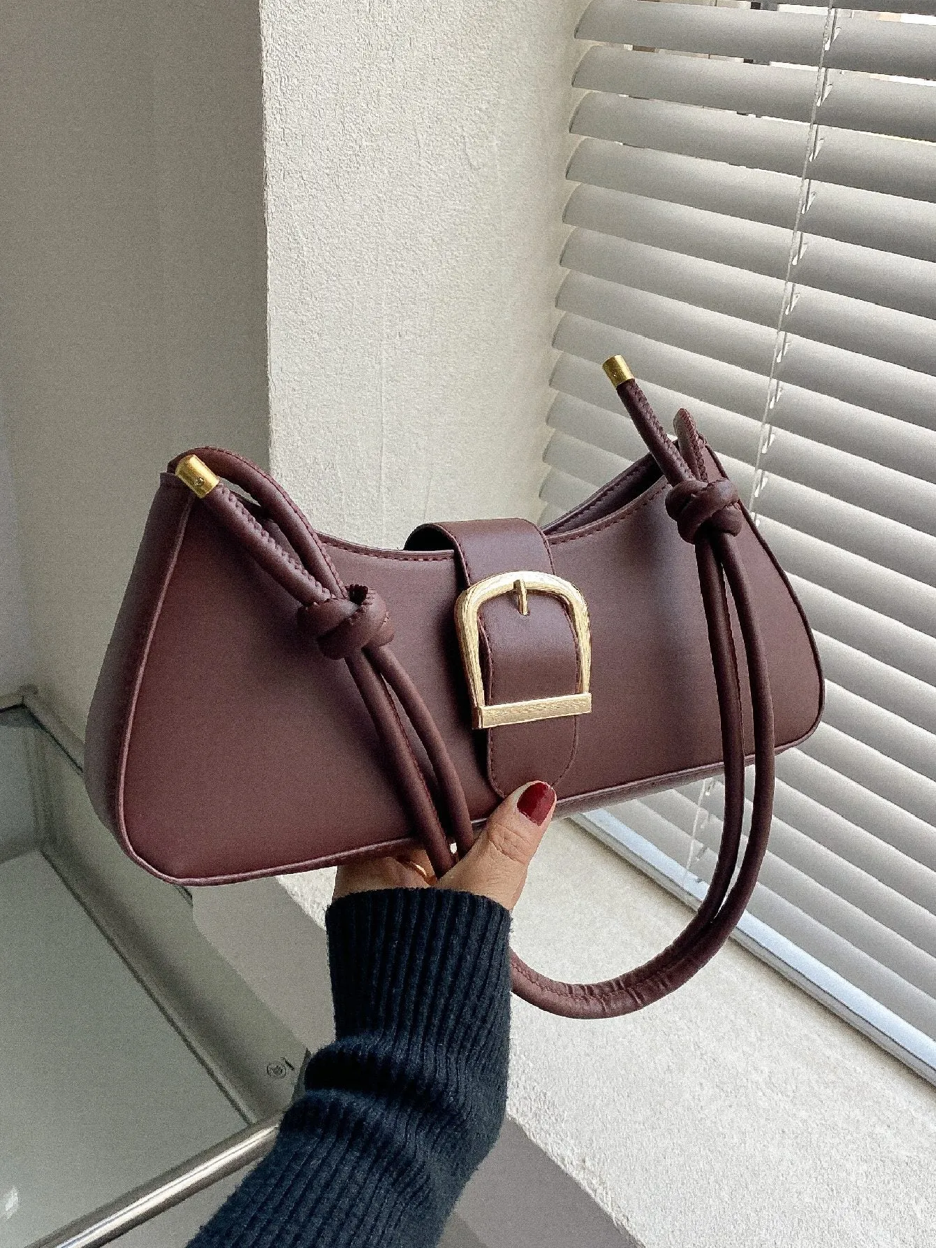Buckle Decor Baguette Bag - Brown