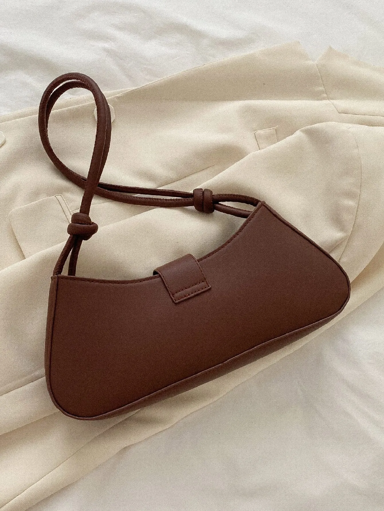 Buckle Decor Baguette Bag - Brown