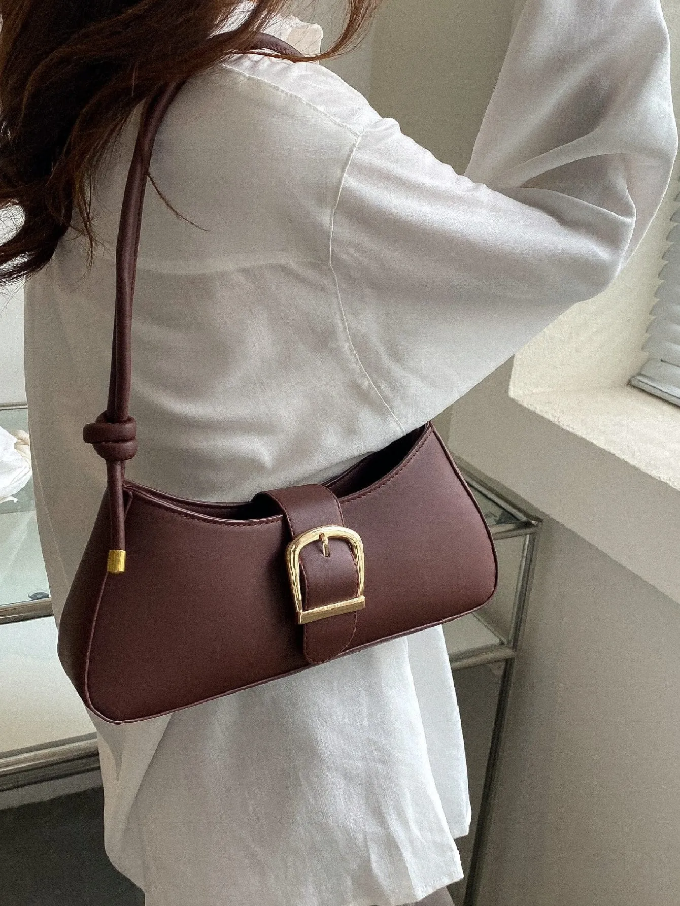 Buckle Decor Baguette Bag - Brown