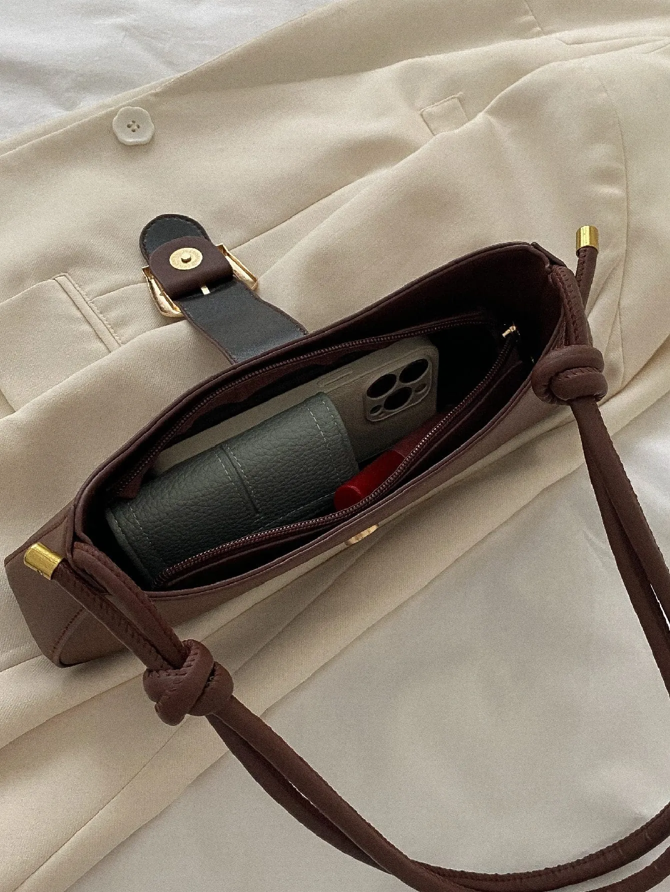 Buckle Decor Baguette Bag - Brown