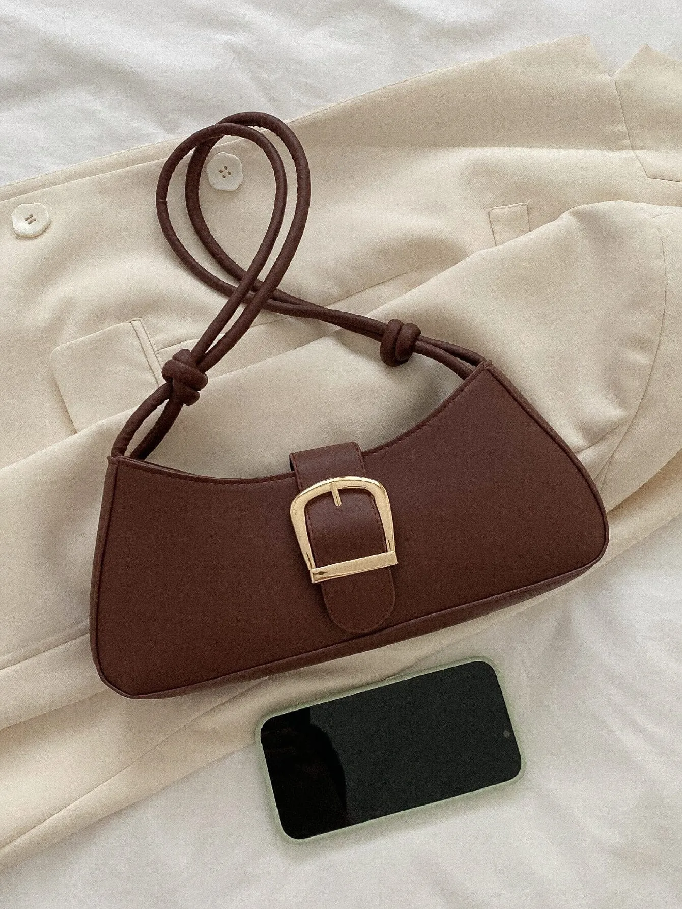 Buckle Decor Baguette Bag - Brown