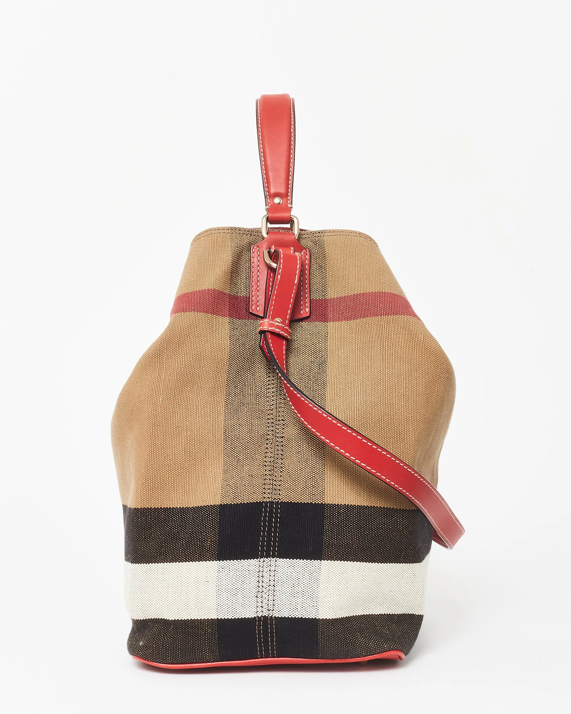 Burberry Plaid Canvas & Red Leather Ashby Bucket Bag