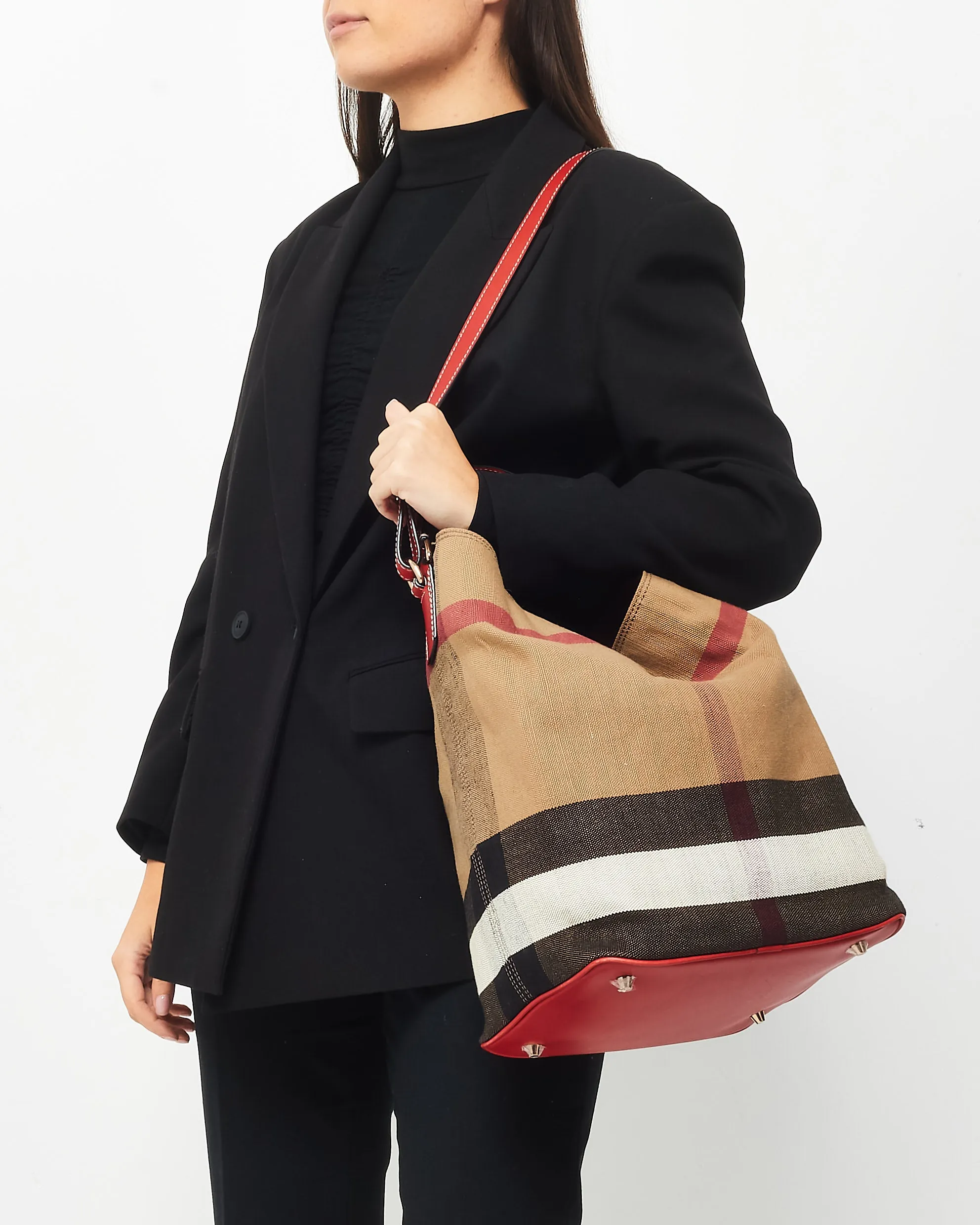 Burberry Plaid Canvas & Red Leather Ashby Bucket Bag