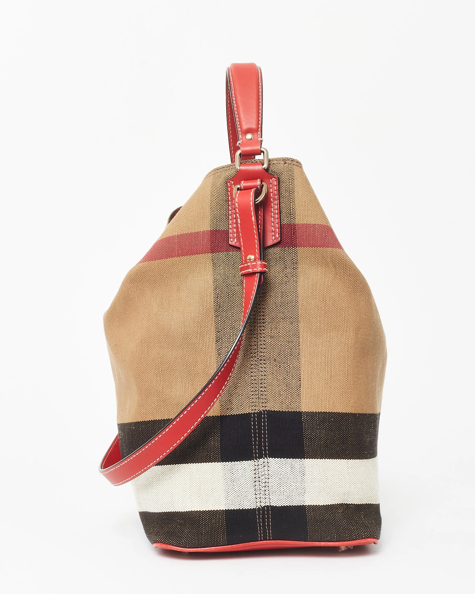 Burberry Plaid Canvas & Red Leather Ashby Bucket Bag