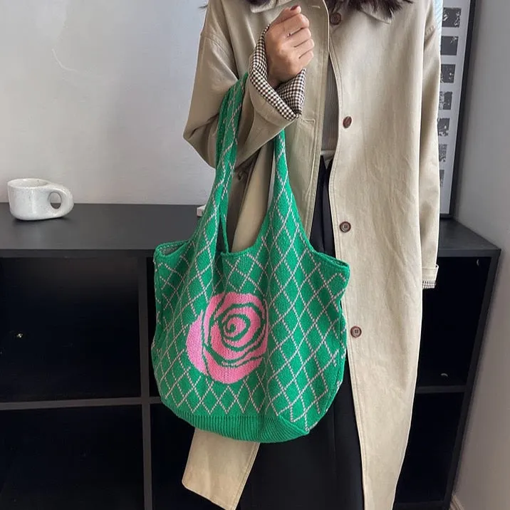 Camellia Flower Print Knit Hobo Bags - 4 Colors