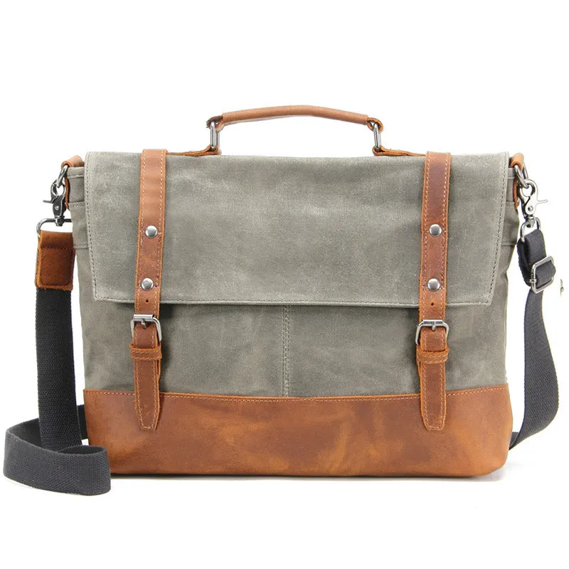Canvas Leather Briefcase Vintage Crazy Horse Messenger Bag Crossbody Shoulder Bag Laptop Handbag 2008-1