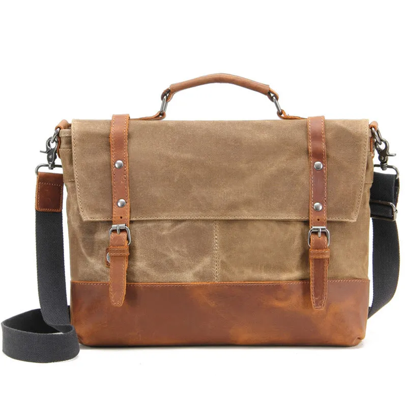 Canvas Leather Briefcase Vintage Crazy Horse Messenger Bag Crossbody Shoulder Bag Laptop Handbag 2008-1