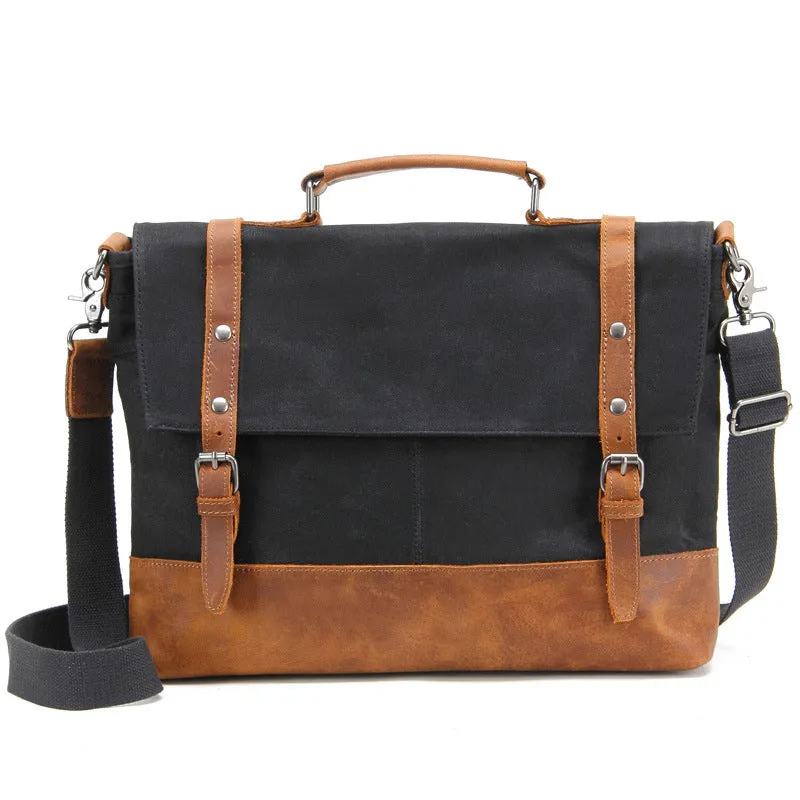 Canvas Leather Briefcase Vintage Crazy Horse Messenger Bag Crossbody Shoulder Bag Laptop Handbag 2008-1